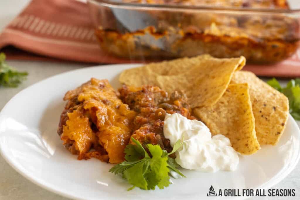 close up of venison casserole recipe on plate with tortilla chips and sour cream