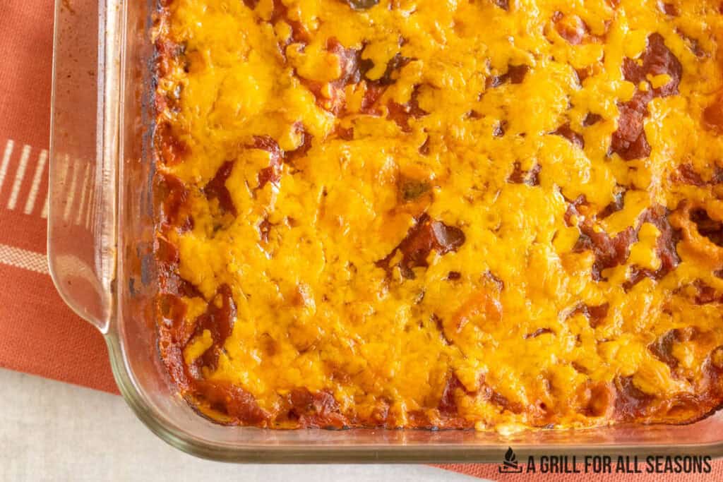 baked casserole from overhead with melted cheese