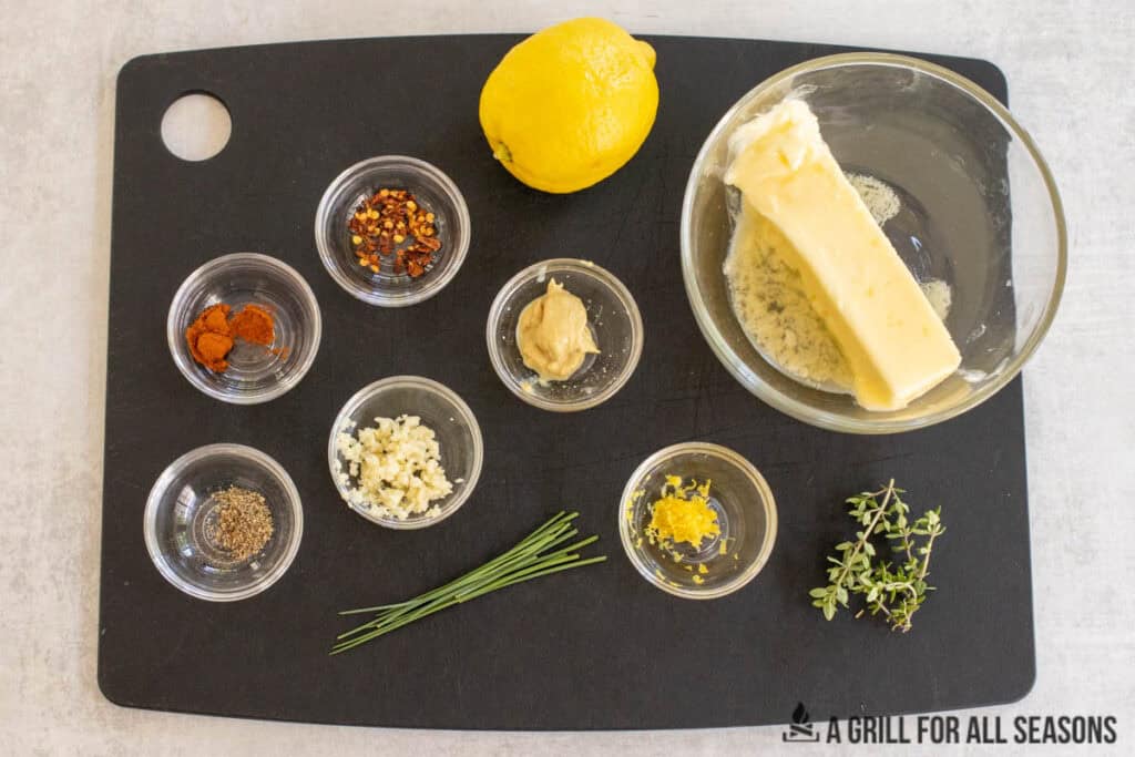 ingredients on cutting board and in small bowls