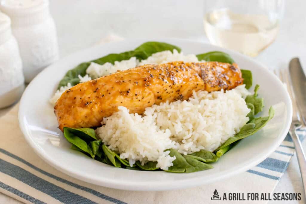 hot honey salmon served on a bed of rice