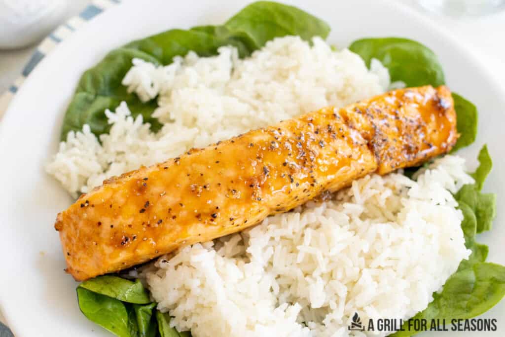 hot honey salmon plated on rice and spinach