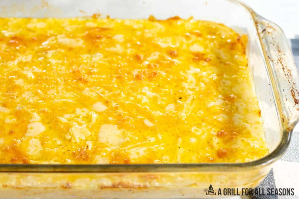 baked cheesy breakfast potatoes in casserole dish