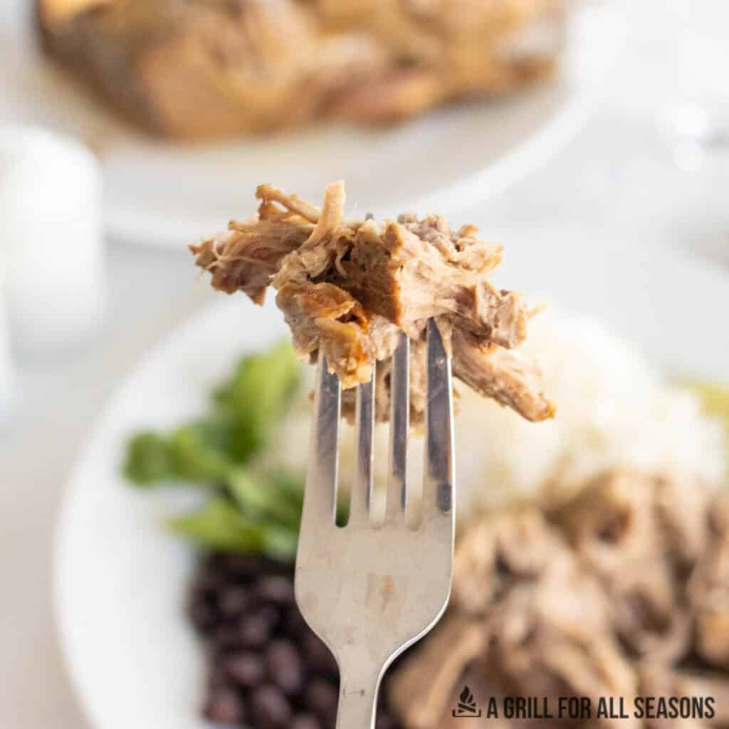 bite of braised pork butt held up on a fork