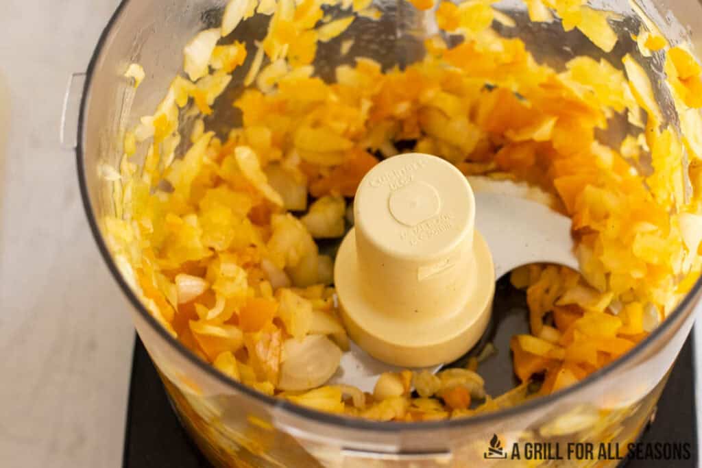 chopped peppers and onions in food processor
