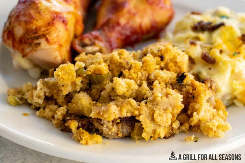 close up of smoked stuffing on dinner plate