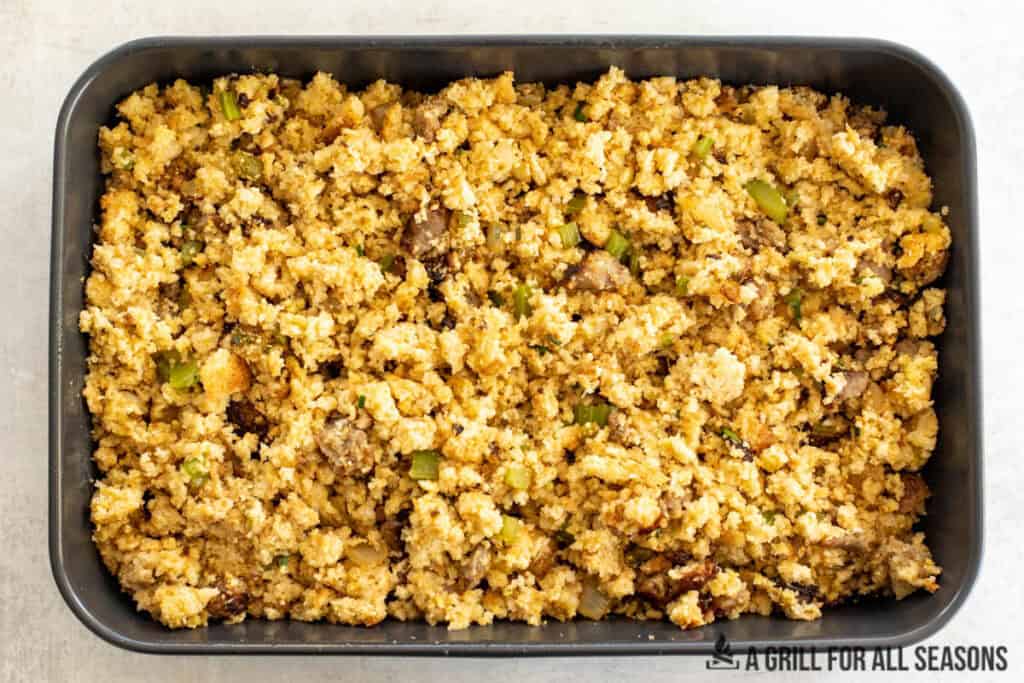 prepped stuffing in baking dish